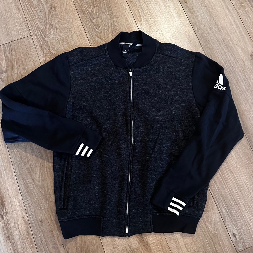 Adidas Mens Full Zip Bomber Sweatshirt Black Heather Fleece Jacket Medium